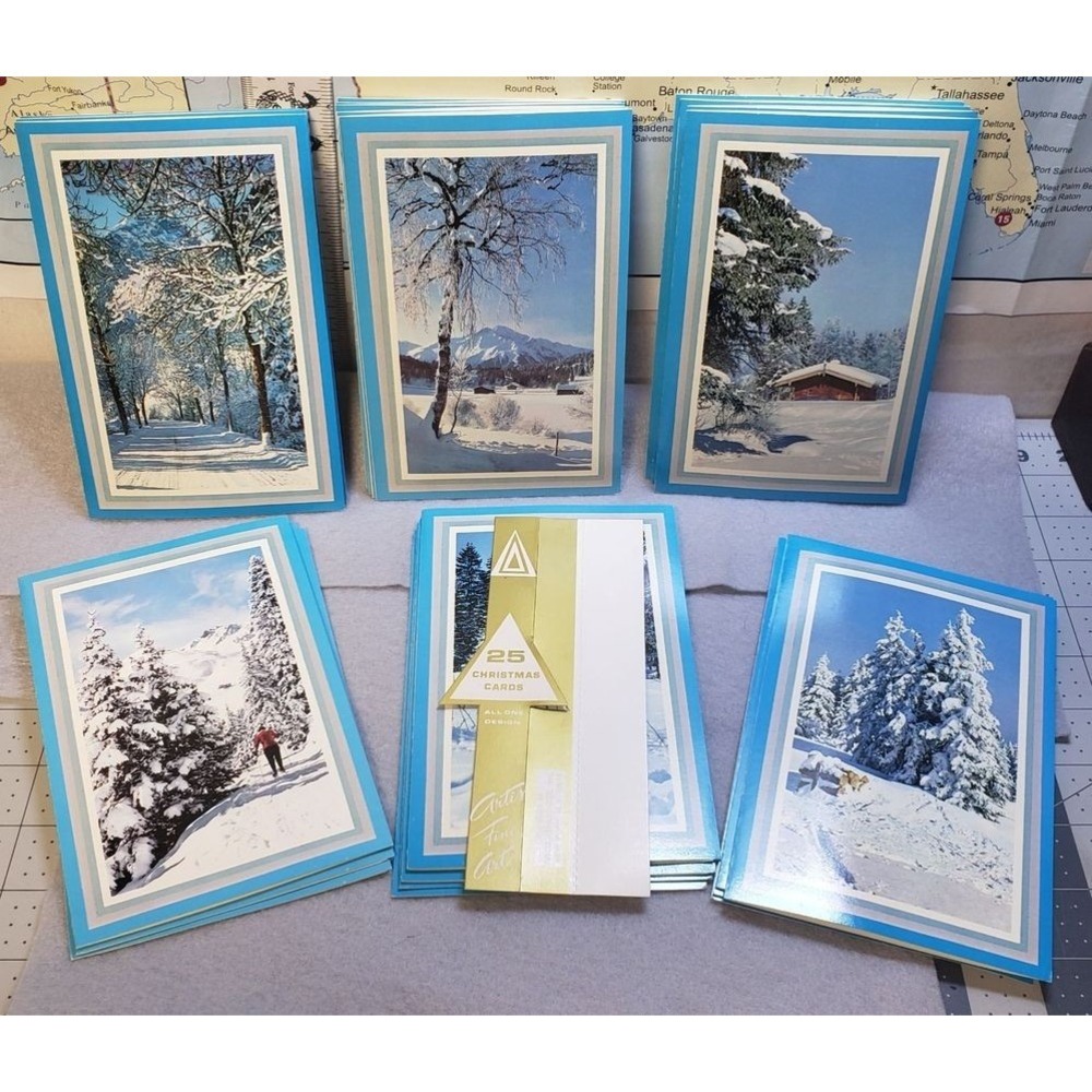 ARTISTS FINE ART Christmas Cards Unisex 25 Pack Blue Winter Landscape Scenery